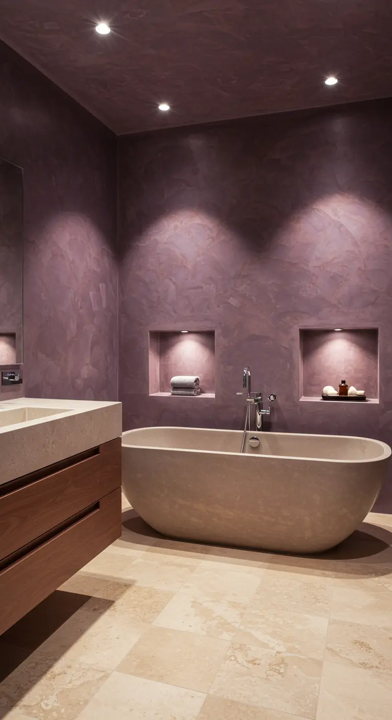 Baño de microcemento púrpura con nichos iluminados en la pared y una bañera de obra
