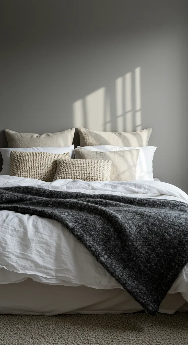 Cama minimalista con sábanas blancas, cojines neutros y manta de lana gris.