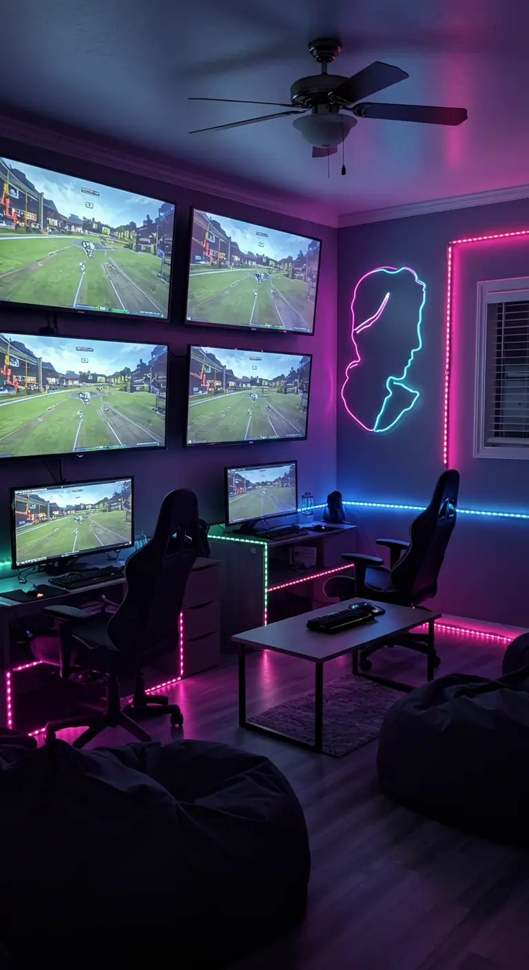 Sala de videojuegos con múltiples pantallas y un letrero de neón personalizado en la pared.