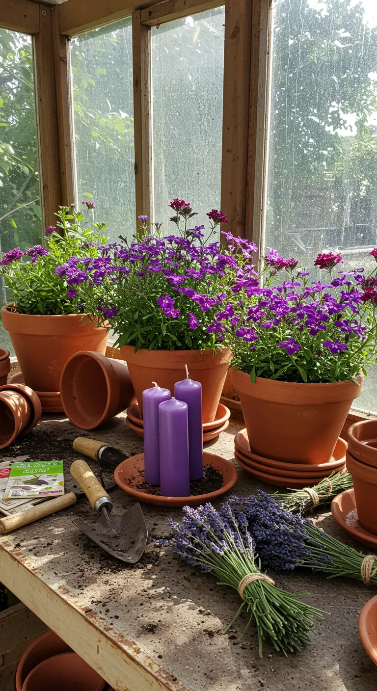 Banco de jardín con macetas de terracota con flores moradas, velas y manojos de lavanda.