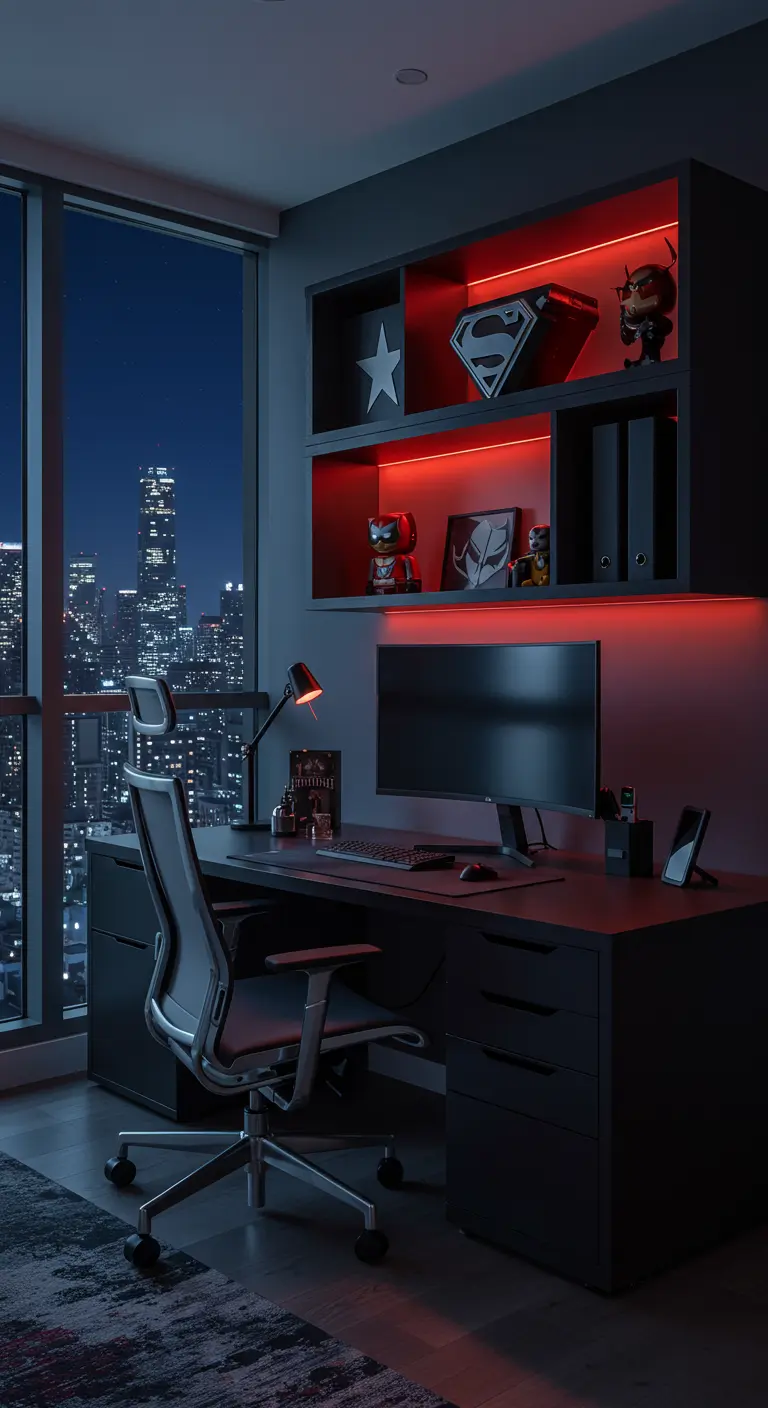 Oficina moderna y oscura con iluminación LED roja, figuras de superhéroes y vistas a la ciudad.