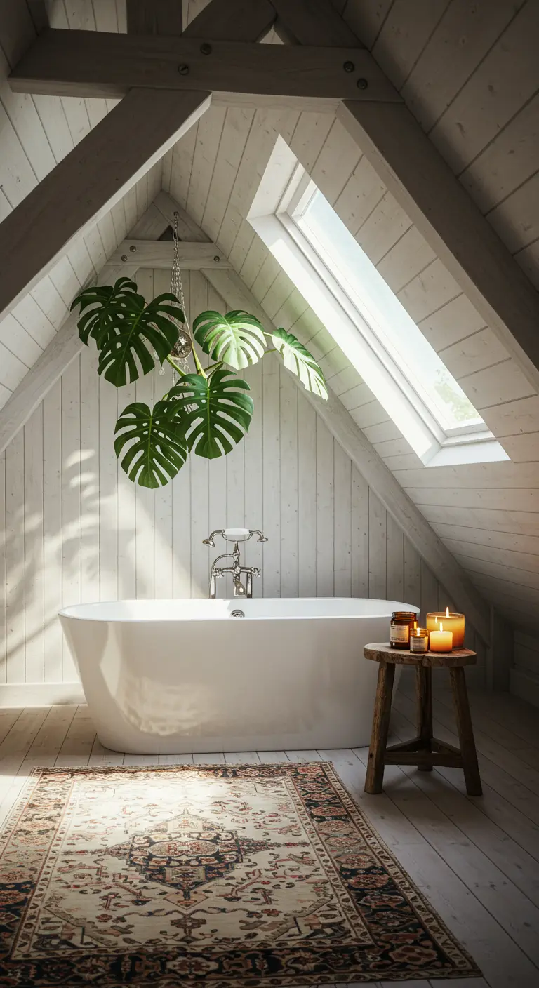 Baño bohemio en un ático con bañera exenta, planta colgante y alfombra persa.