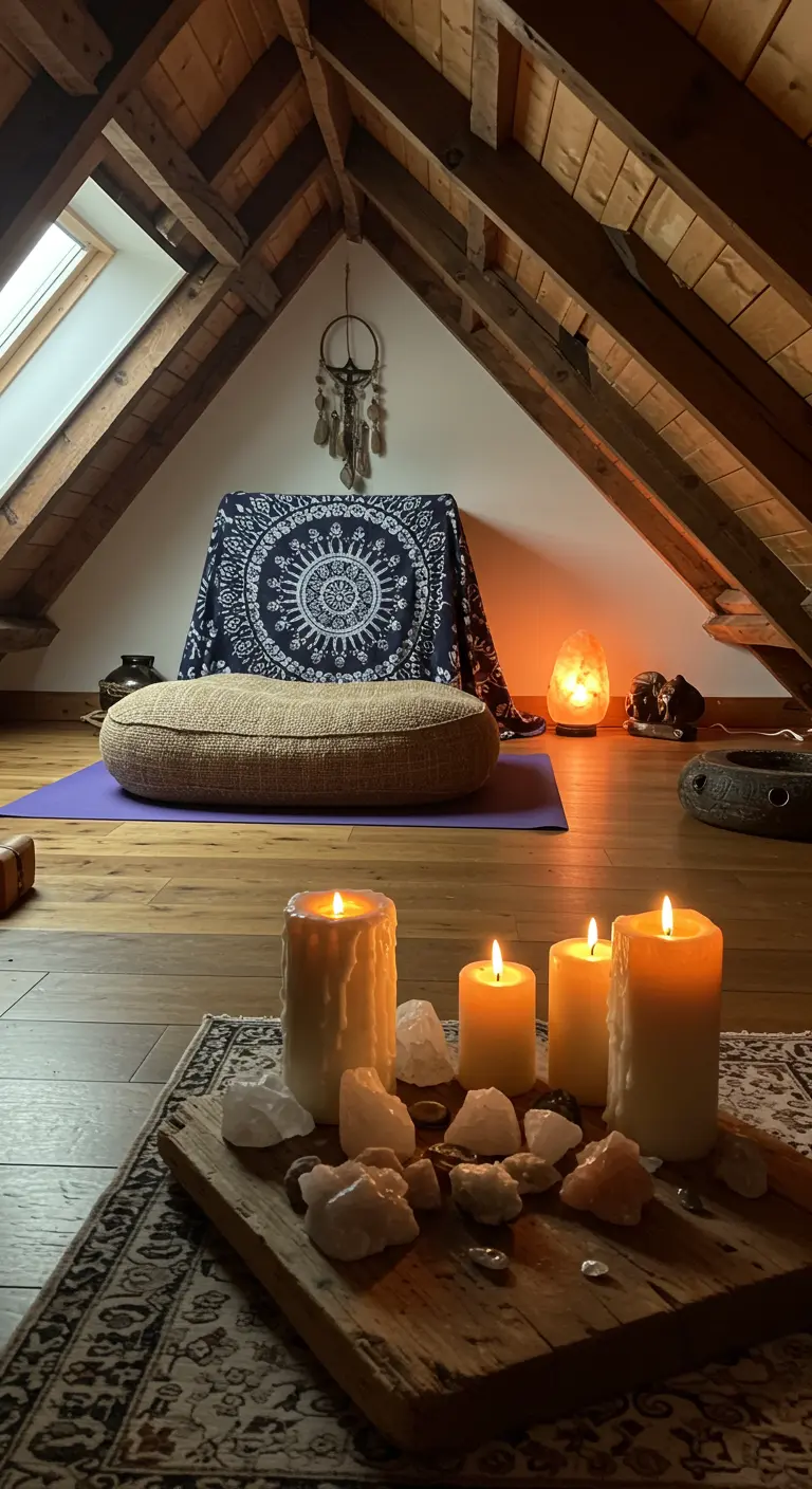 Rincón de meditación rústico en un ático con velas, cristales y un tapiz de mandala.