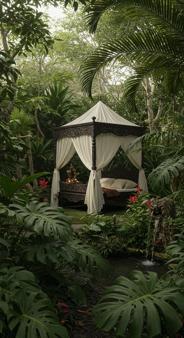 Cama balinesa de madera oscura con dosel y cortinas blancas, oculta en un exuberante jardín tropical