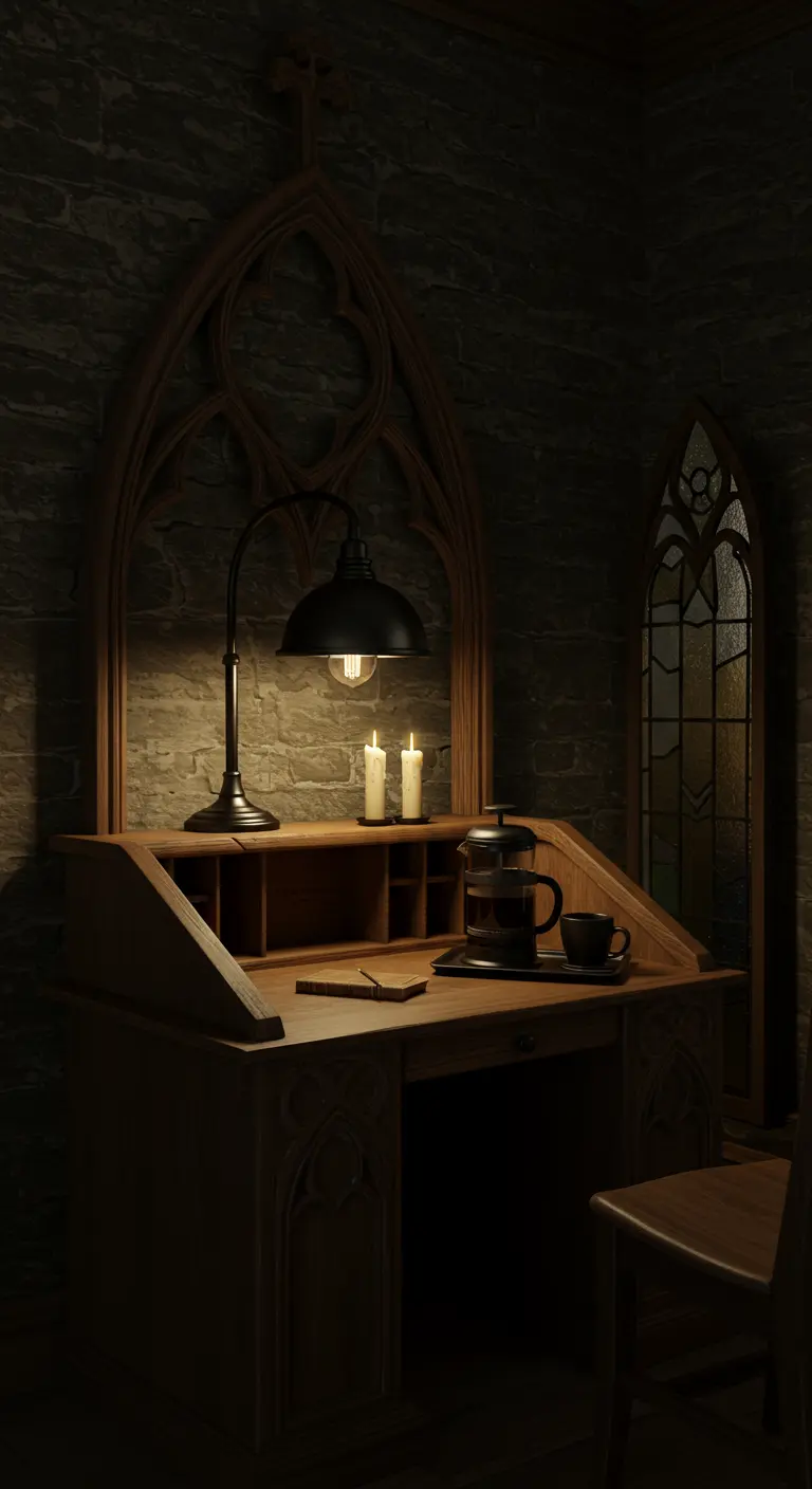 Escritorio de estilo gótico con arcos de madera y luz de velas en un rincón oscuro.