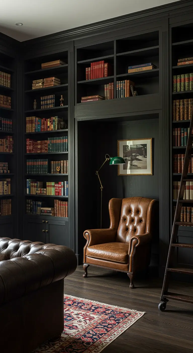 Rincón de lectura en una biblioteca oscura con estanterías negras y un sillón de cuero marrón.