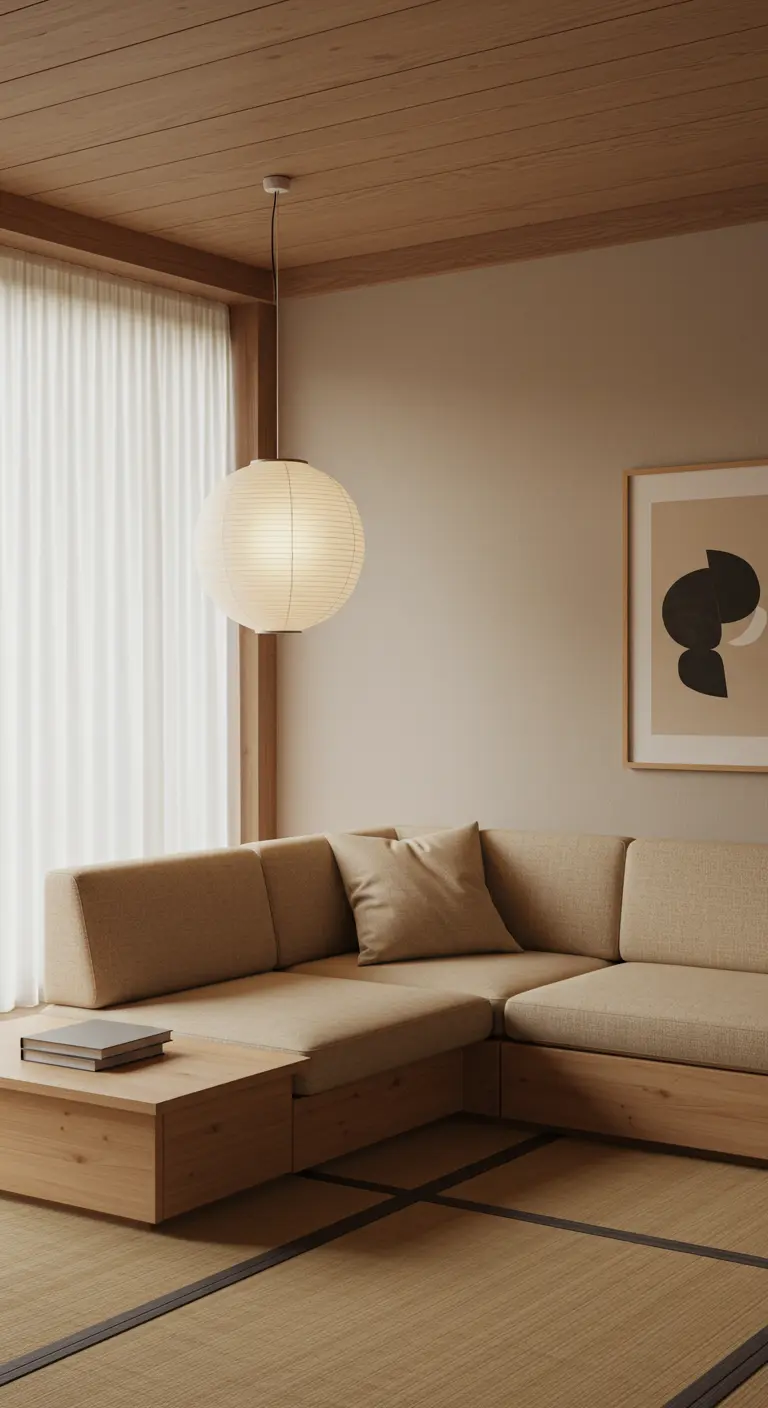Sofá seccional bajo de color beige en un interior de estilo Japandi con madera y luz suave.