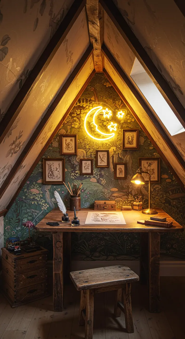 Acogedor escritorio en un ático con papel tapiz floral y un neón de luna y estrellas.