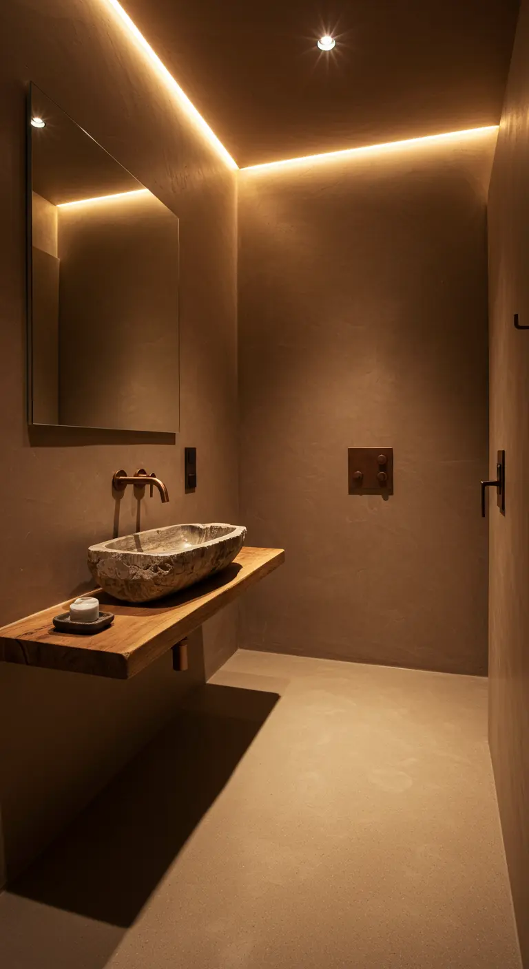 Baño minimalista con paredes de microcemento color tierra y lavabo de piedra natural.