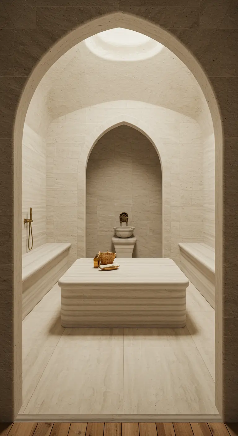 Hammam minimalista en tonos beige con arcos y una plataforma central de mármol