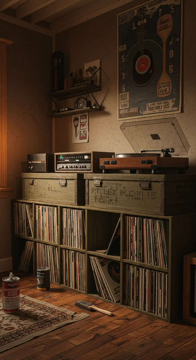 Mueble para discos de vinilo hecho con cajas de madera de estilo militar de color verde oscuro.