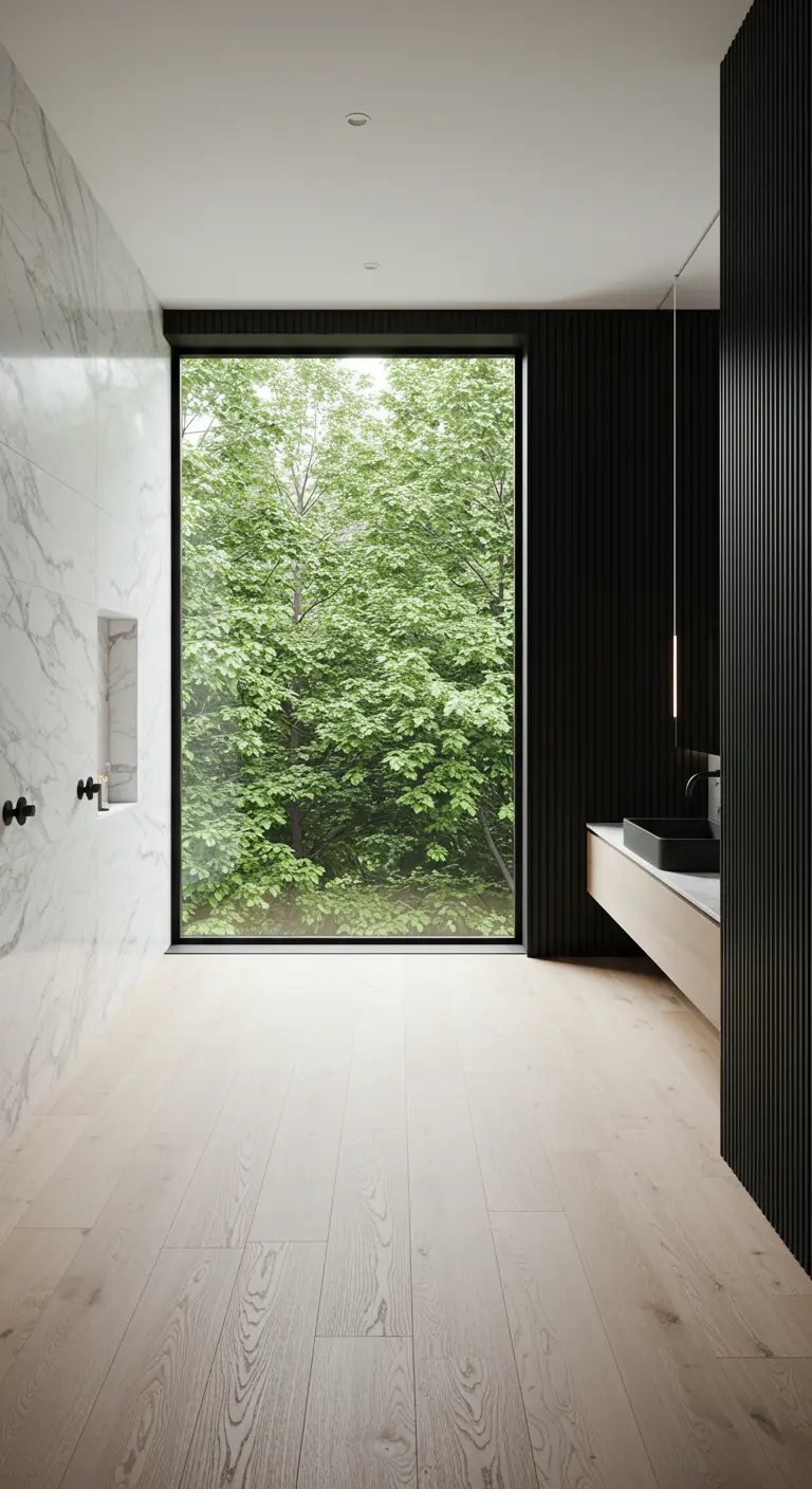 Baño minimalista con pared de mármol blanco, listones negros y un gran ventanal al bosque
