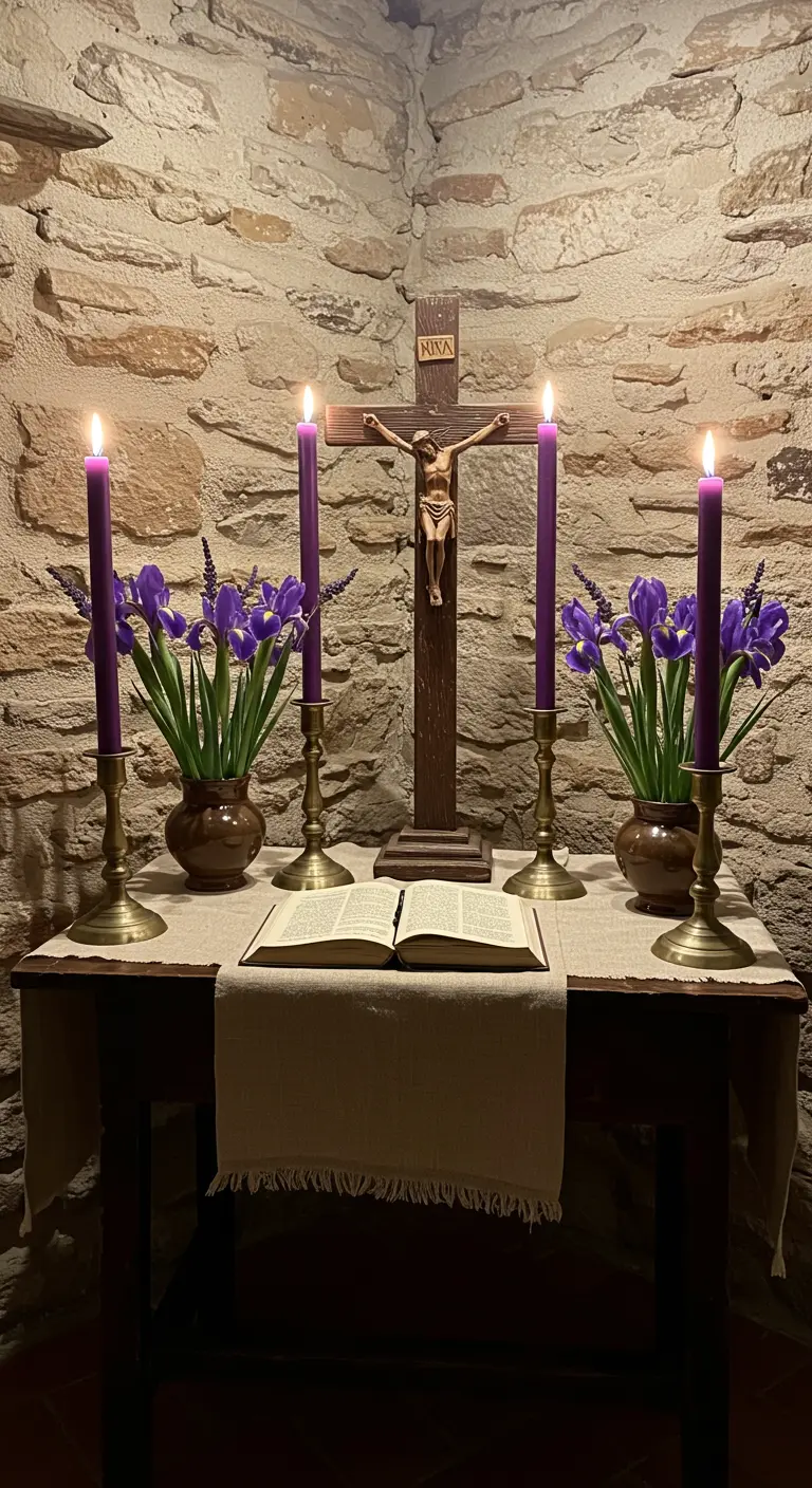 Altar rústico con pared de piedra, crucifijo, velas moradas altas y flores de iris.