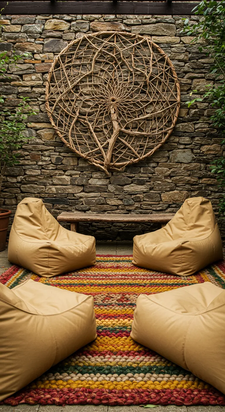 Patio con pared de piedra, pufs, alfombra de lana y un gran atrapasueños hecho con ramas