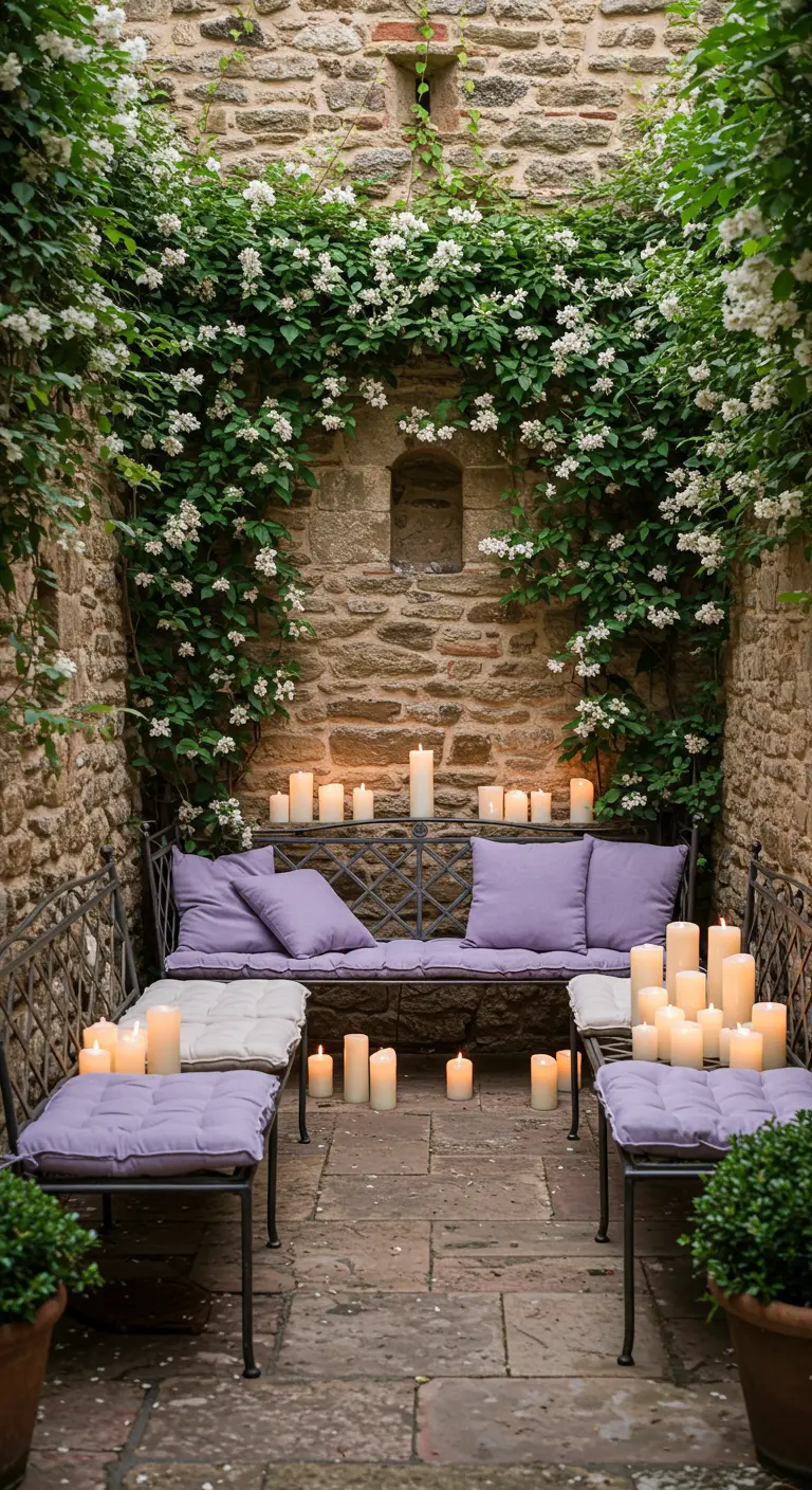 Patio de piedra con bancos de forja, cojines de color lavanda y muchas velas.