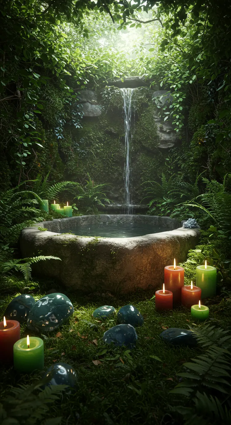 Bañera de piedra en un entorno de cueva natural con cascada, musgo y velas de colores.