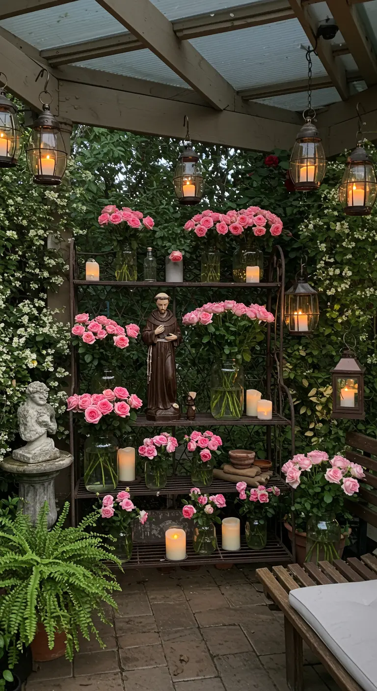Estantería de forja en un jardín con una estatua, rosas rosadas y faroles.