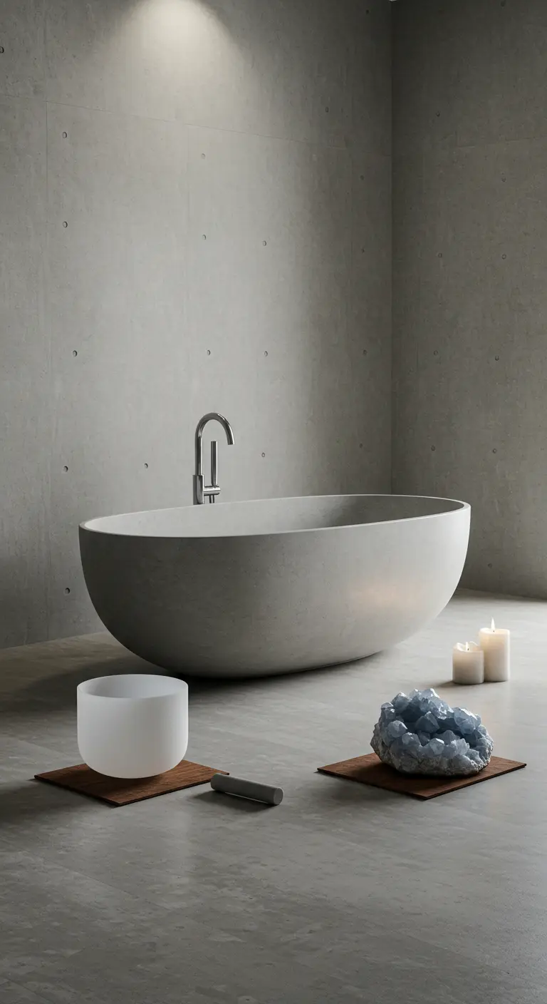 Baño minimalista de hormigón con una bañera ovalada, un cuenco tibetano y un cristal de celestita.