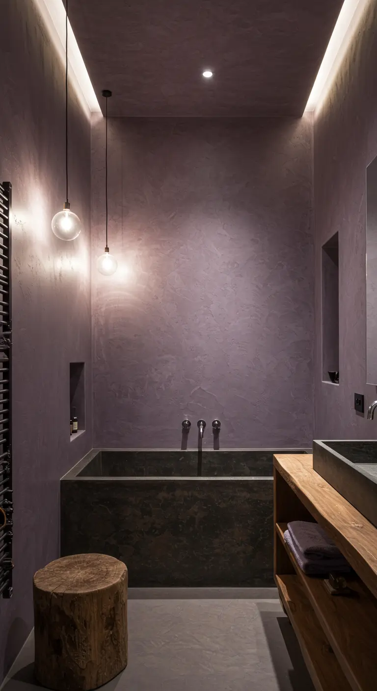 Baño oscuro y minimalista con paredes de microcemento morado e iluminación indirecta