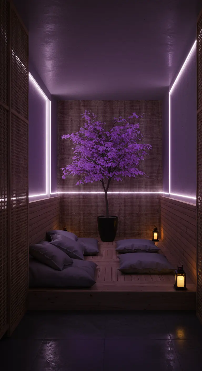 Habitación de meditación con tarima de madera, cojines y un árbol iluminados por luz LED violeta indirecta
