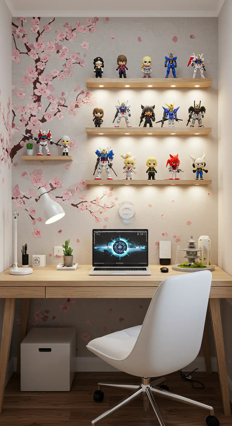Oficina con mural de cerezo en flor, estantes de madera clara y figuras de acción de anime.