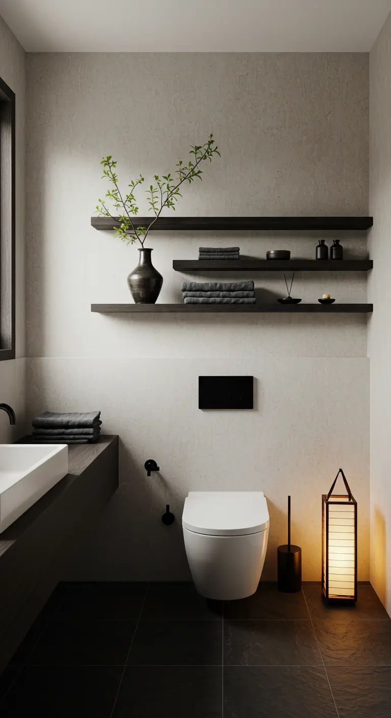 Baño oscuro y minimalista con estanterías negras y una lámpara de papel.