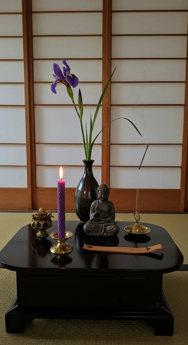 Altar budista minimalista con estatuilla de Buda, vela morada, incienso y una flor de iris.