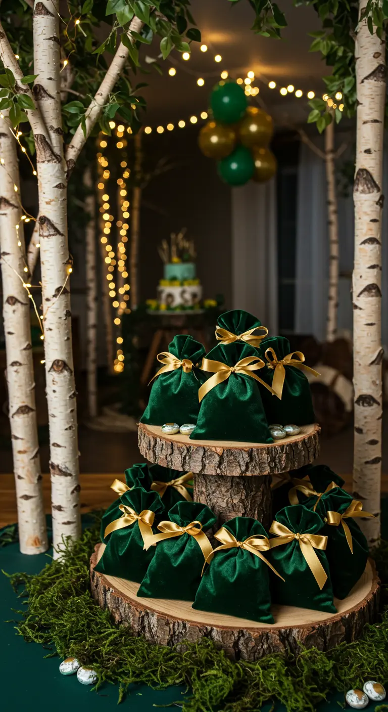 Bolsitas de terciopelo verde con lazos dorados apiladas en troncos de madera.