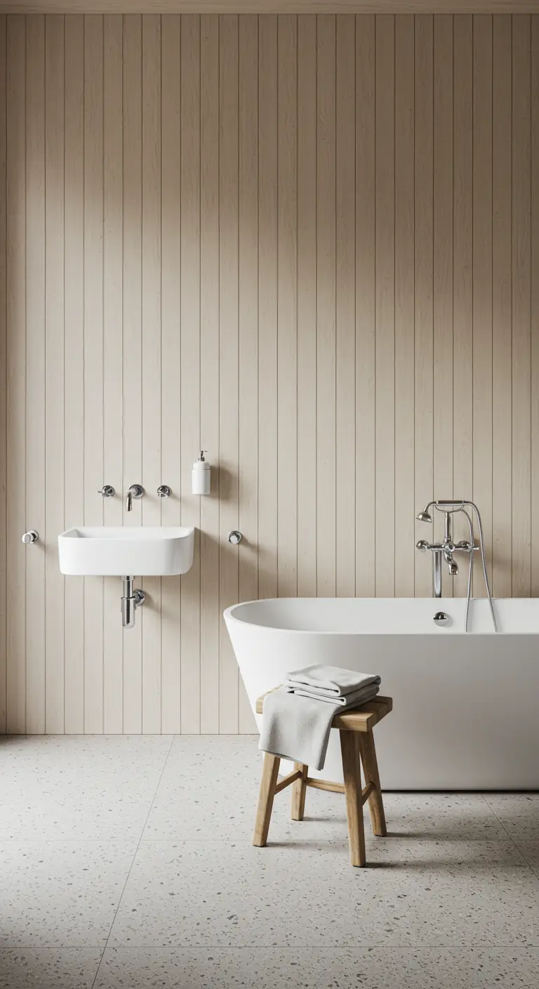 Baño de estilo escandinavo con paredes de madera clara y suelo de terrazzo.
