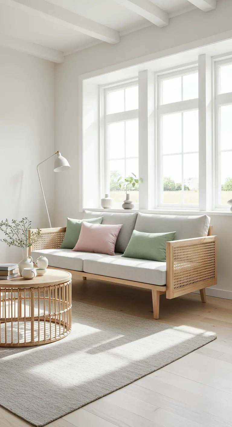 Sala de estar de estilo escandinavo con sofá de madera clara y paneles de rejilla de ratán.