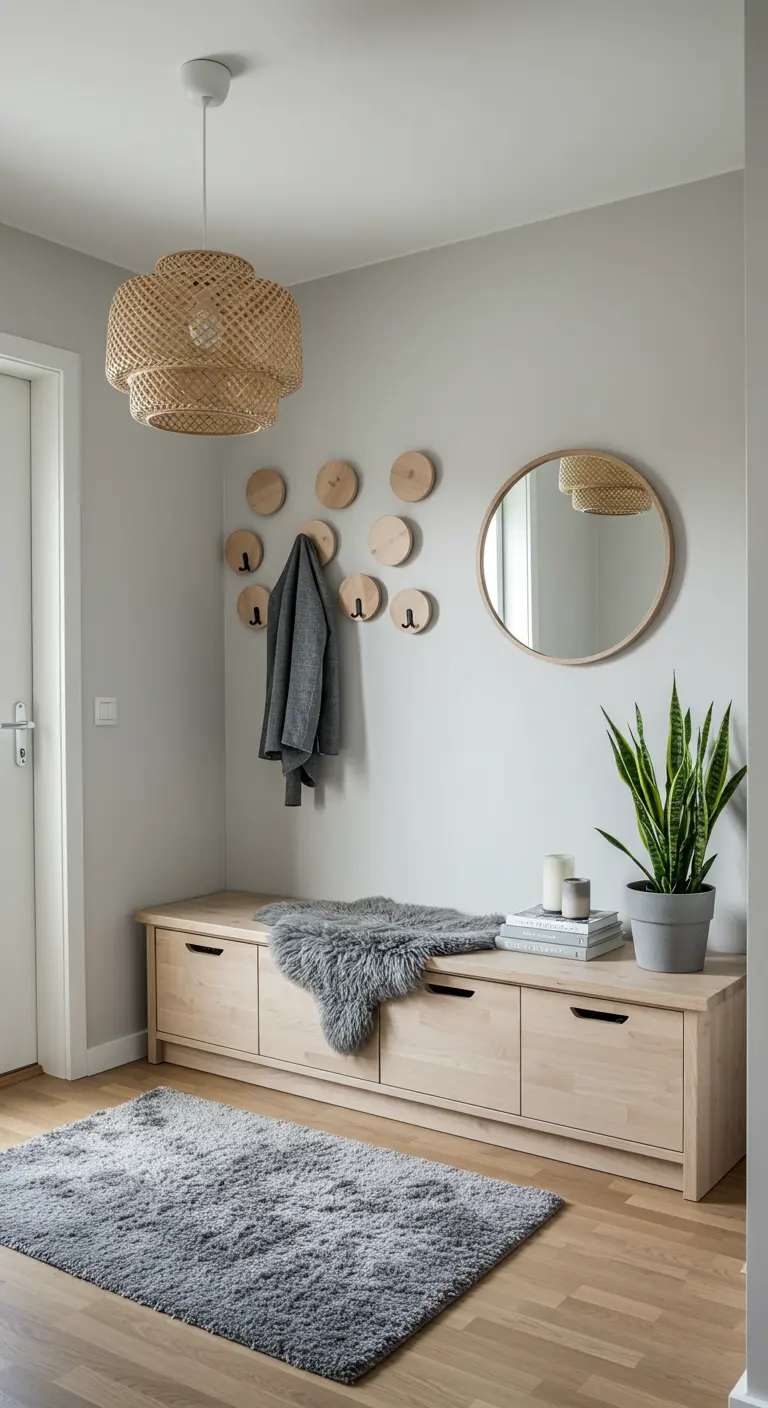 Entrada de estilo escandinavo con banco de madera, colgadores redondos y planta