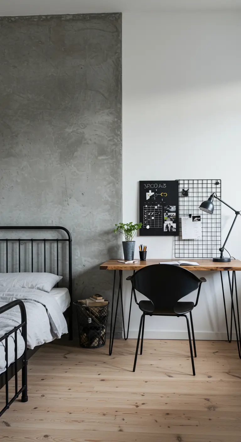 Zona de estudio con pared de microcemento, escritorio de madera y silla y cama de metal negro.