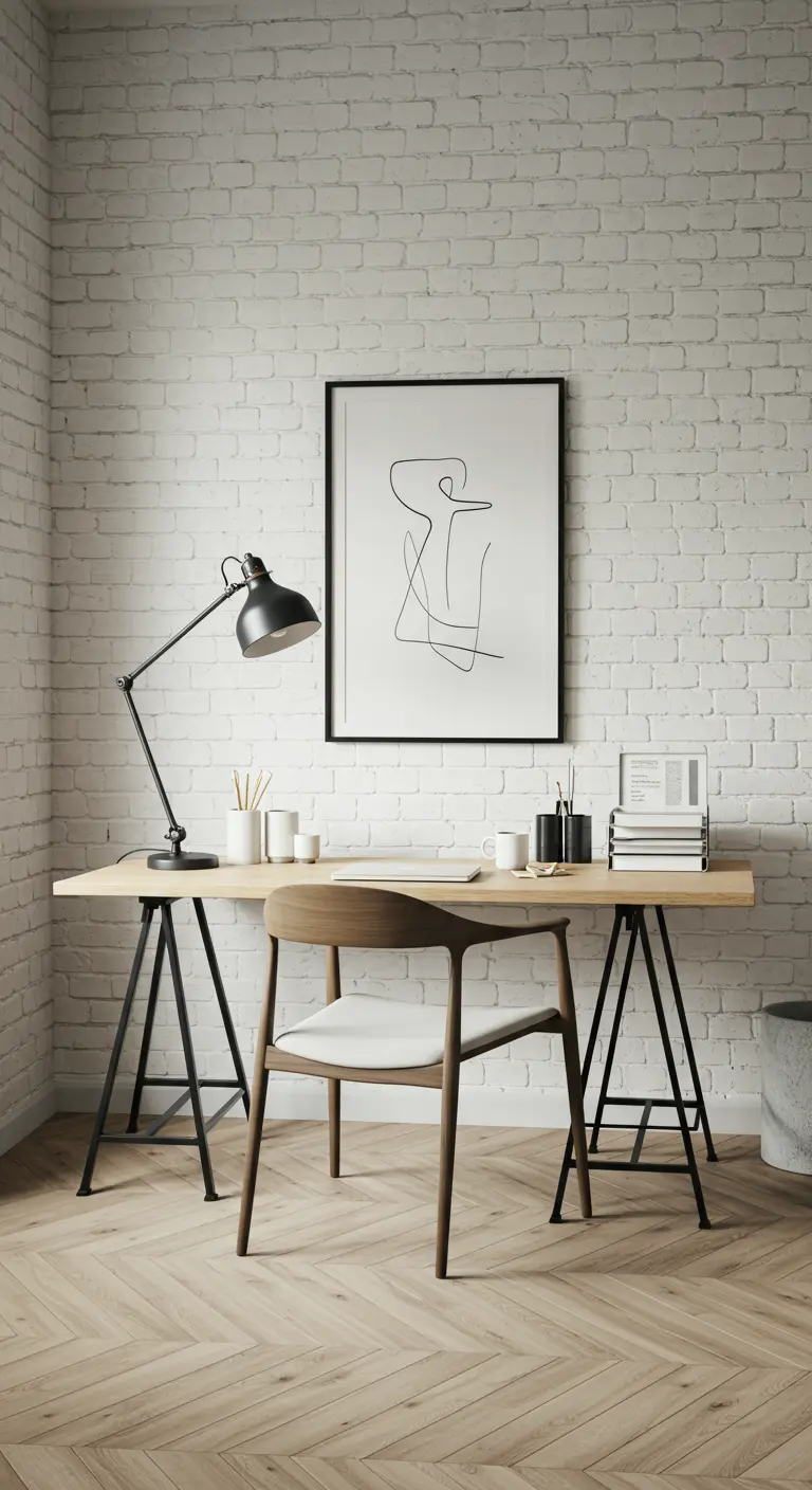Oficina de estilo escandinavo con pared de ladrillo blanco, escritorio de madera y arte minimalista.