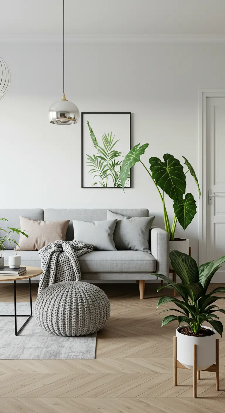 Sala de estar escandinava con sofá gris, puf tejido y plantas grandes.