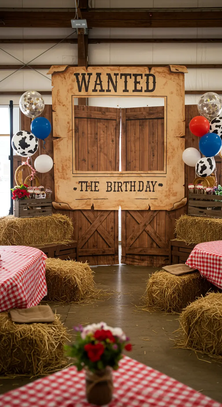 Photocall gigante con forma de cartel de 'Se Busca' del Viejo Oeste en una fiesta temática.