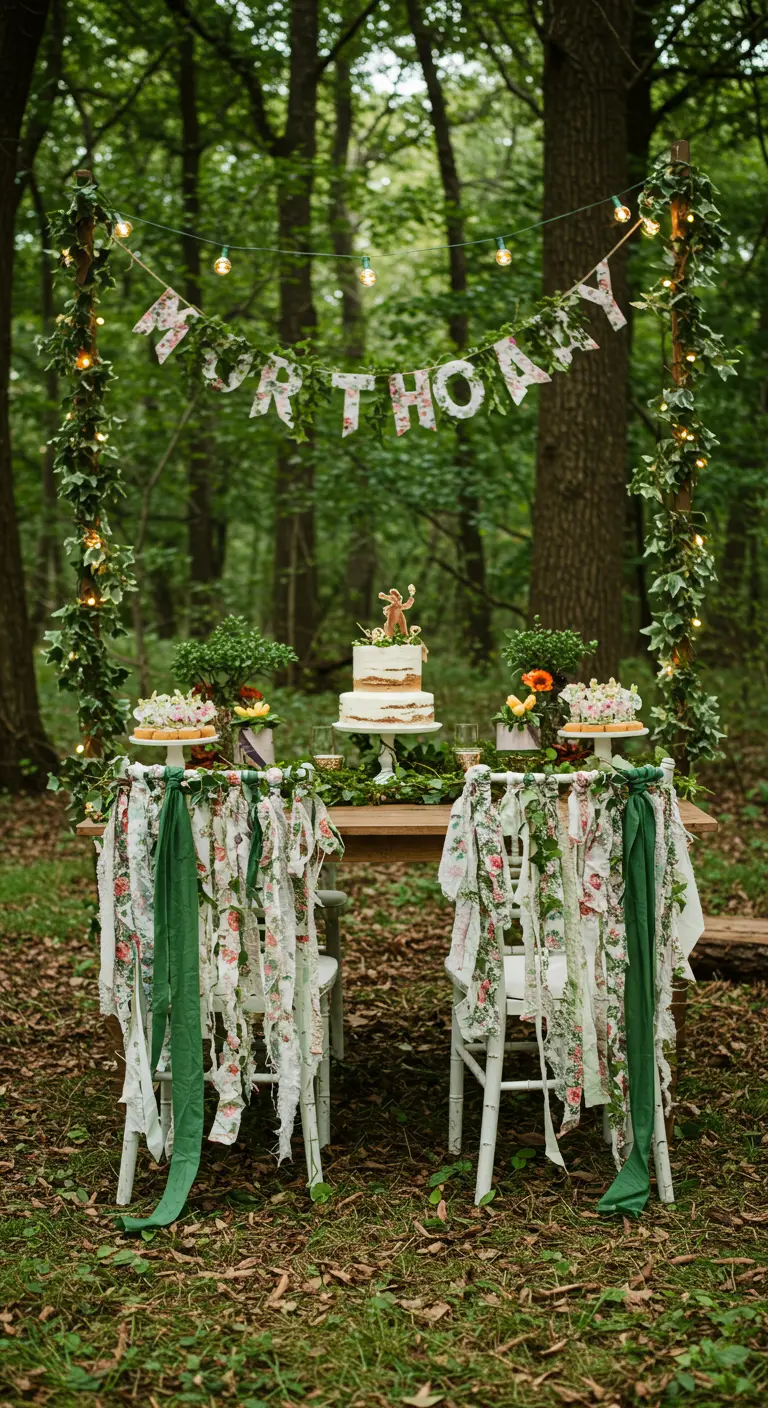 Sillas blancas en un bosque decoradas con tiras de tela floral y cintas verdes.