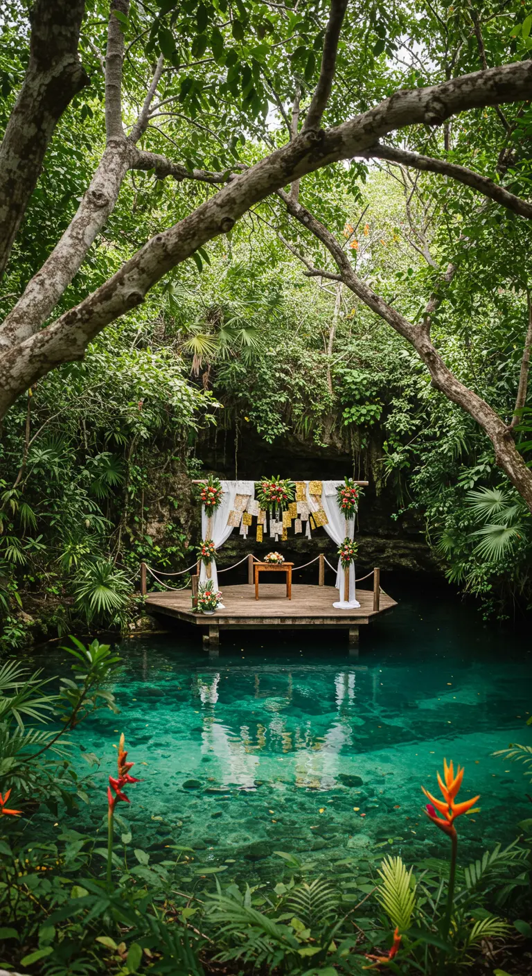 Altar de boda en una plataforma de madera sobre un cenote, con papel picado dorado.