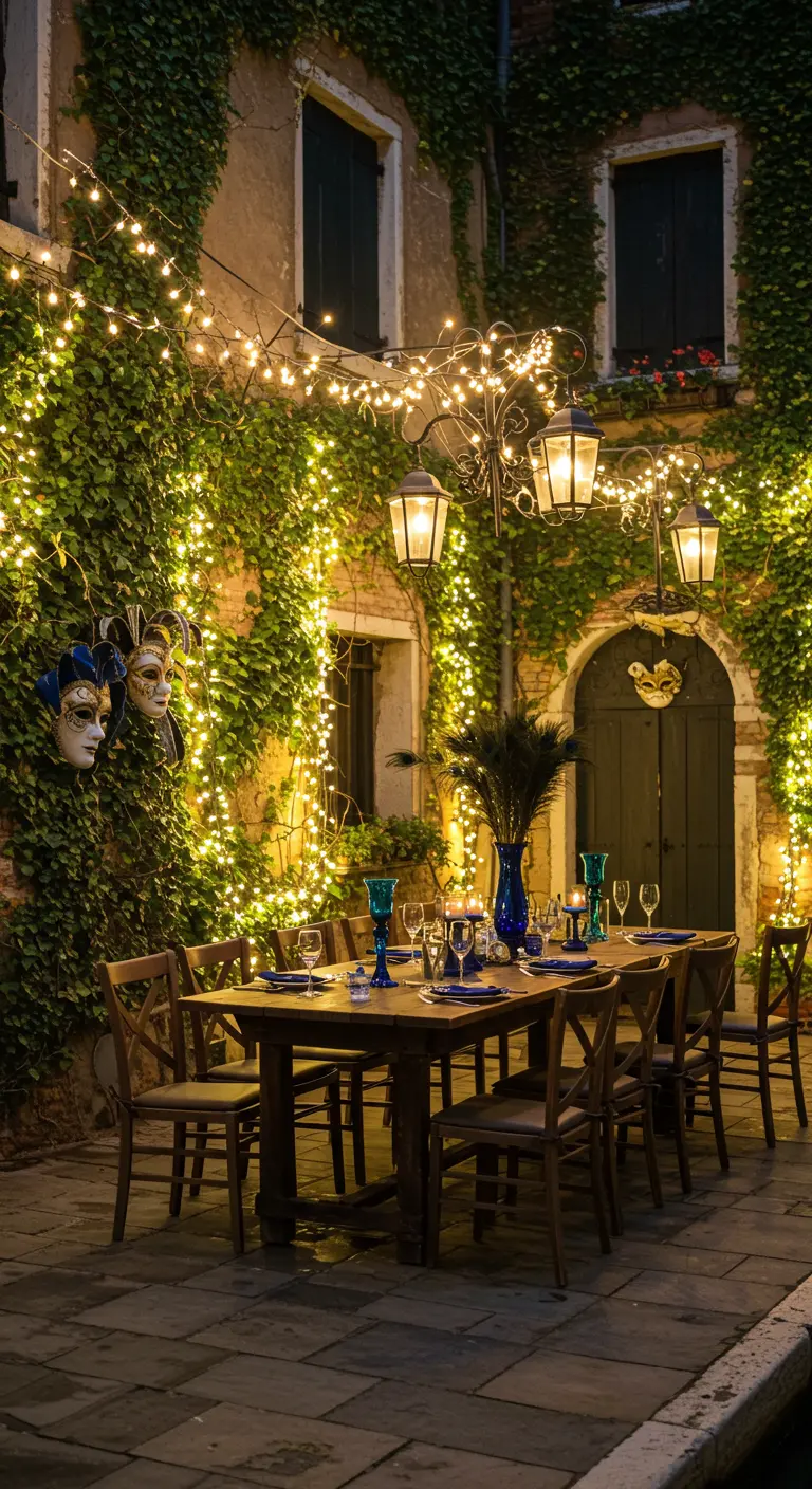Patio exterior con una mesa de madera, iluminado por guirnaldas de luces y máscaras en la pared.