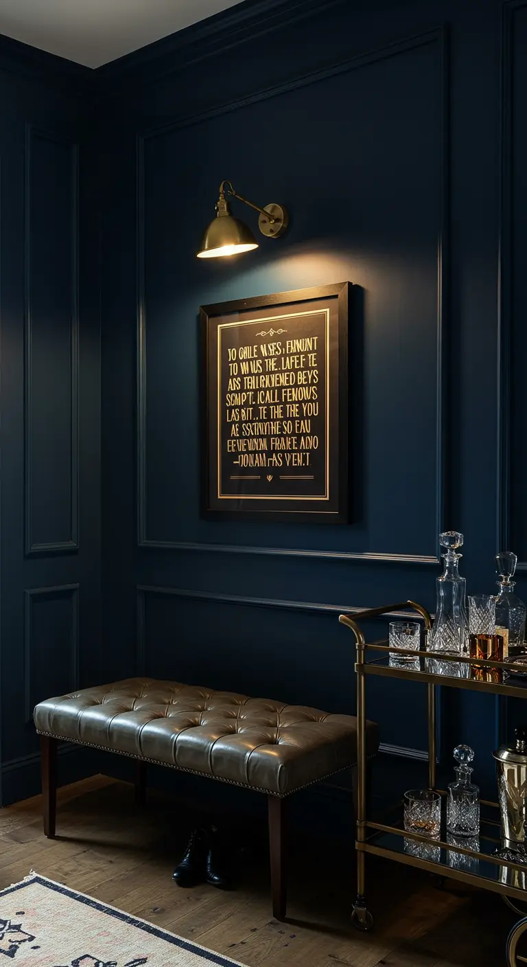 Pared azul oscuro con un cuadro de tipografía dorada iluminado por un aplique.
