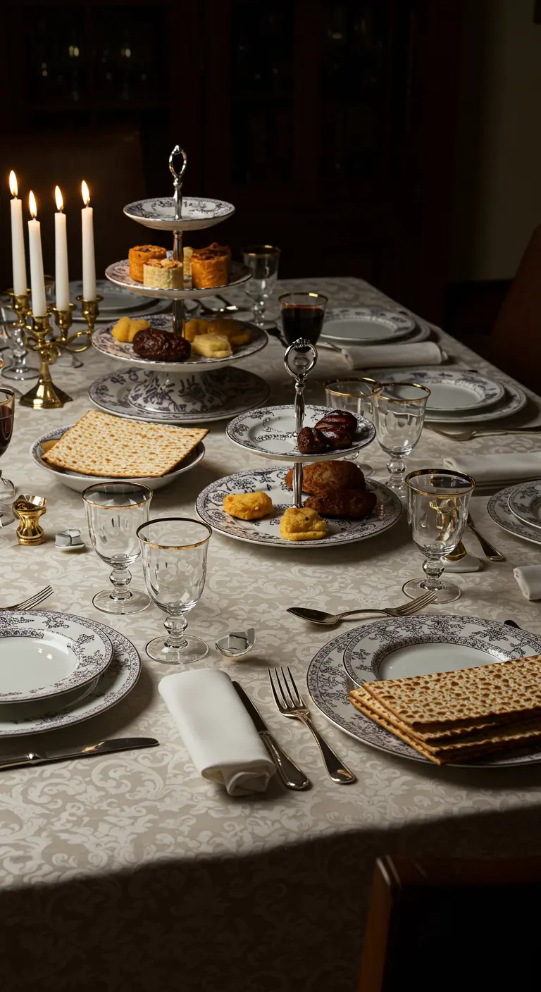 Mesa elegante para el Seder de Pésaj con vajilla estampada, matzá y copas de vino.