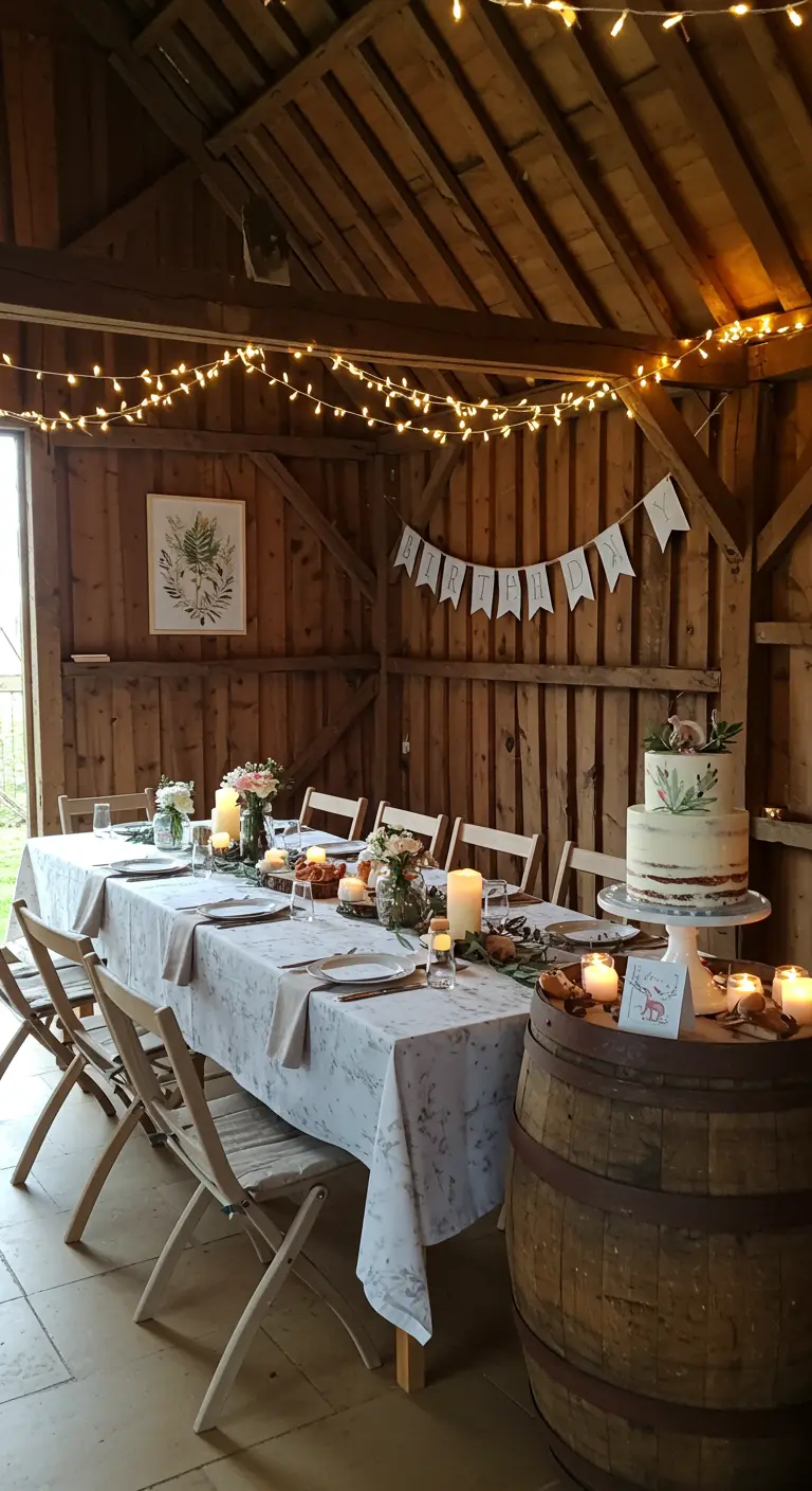 Mesa de comedor rústica en un granero, decorada con velas y guirnaldas de luces.