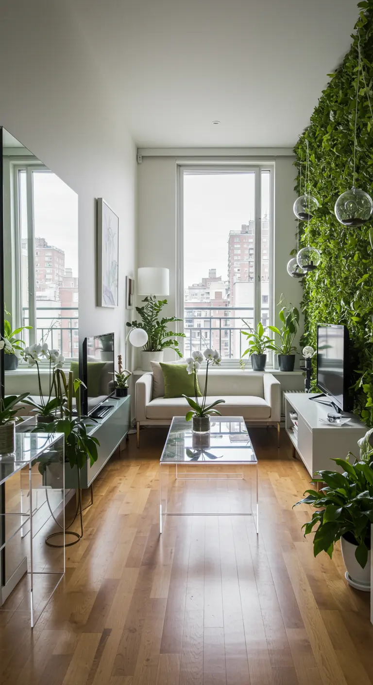 Apartamento pequeño y moderno con un jardín vertical junto a la ventana.