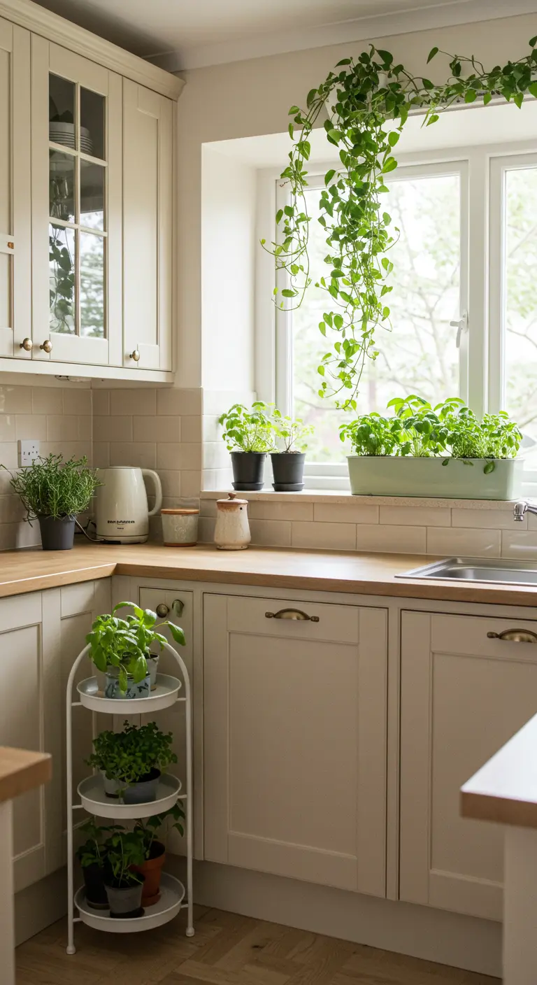 Cocina beige luminosa con abundancia de plantas y hierbas en la ventana.