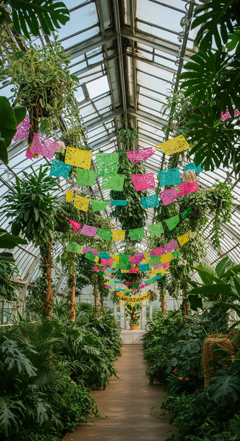 Pasillo de un invernadero lleno de plantas, con guirnaldas de papel picado de neón colgando.