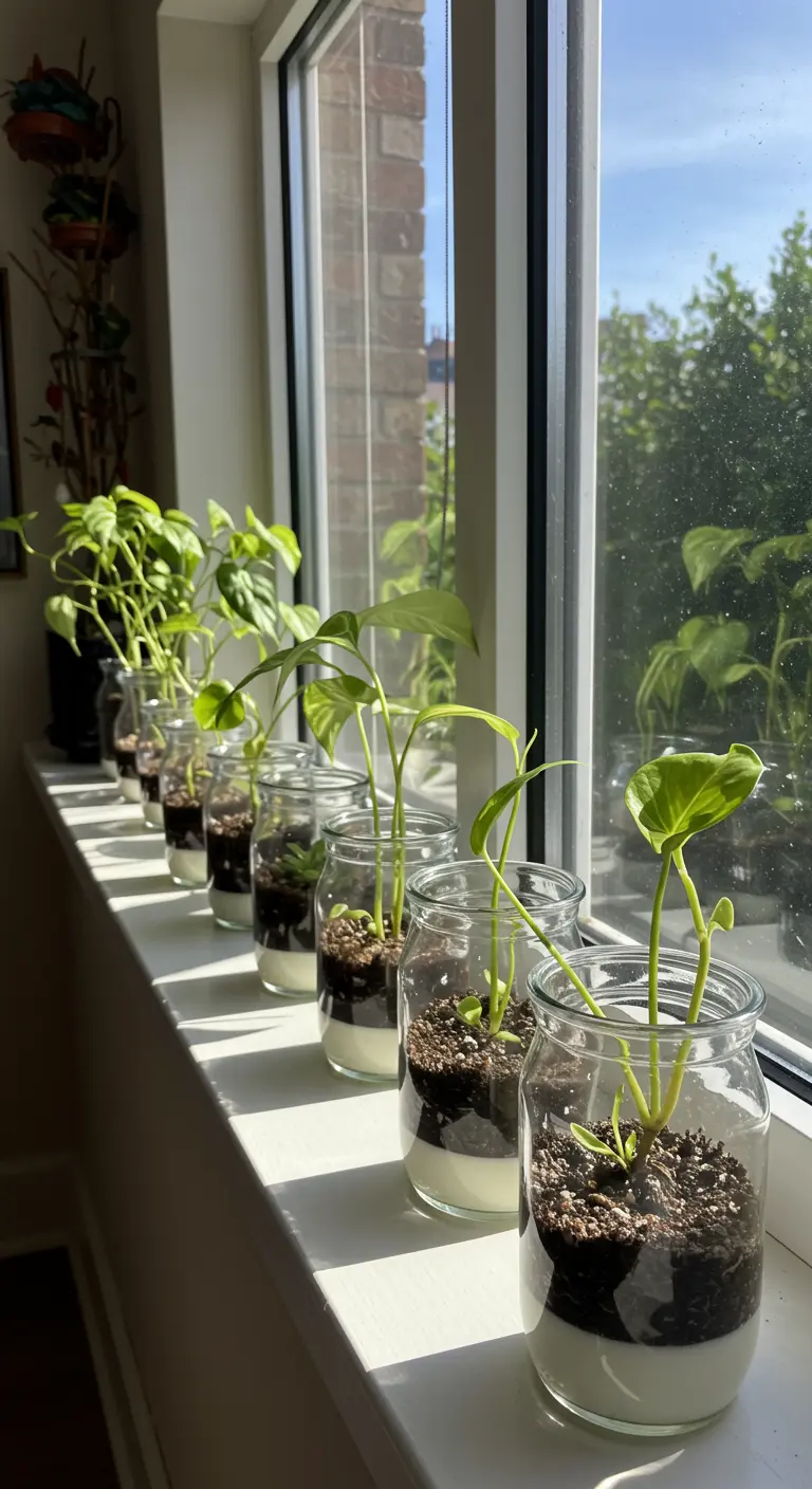 Una fila de frascos de yogur de vidrio en el alféizar de una ventana, usados para propagar esquejes de plantas.