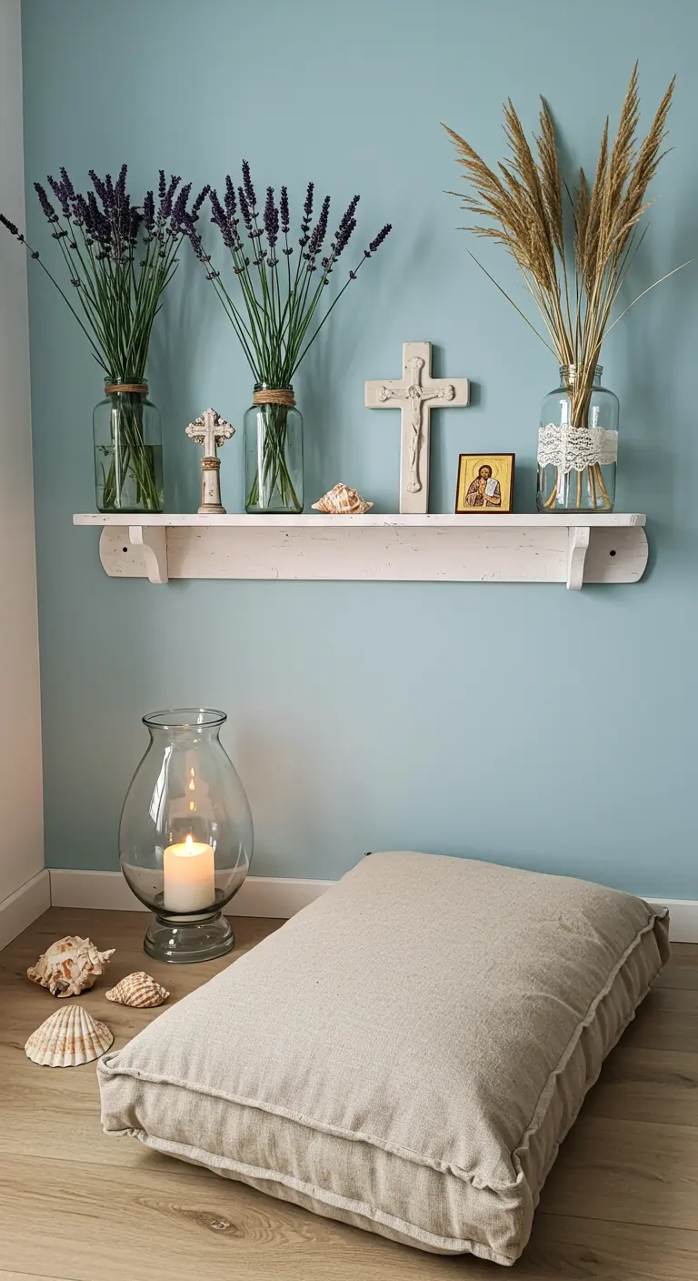Repisa de oración de estilo costero con lavanda, espigas secas y un cojín de suelo.