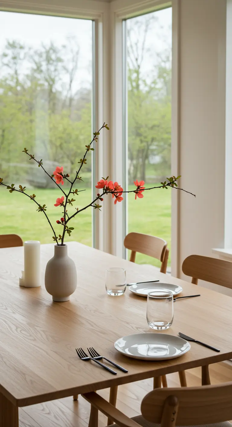 Mesa de comedor de madera clara con un jarrón de cerámica y una rama de flores de cerezo.