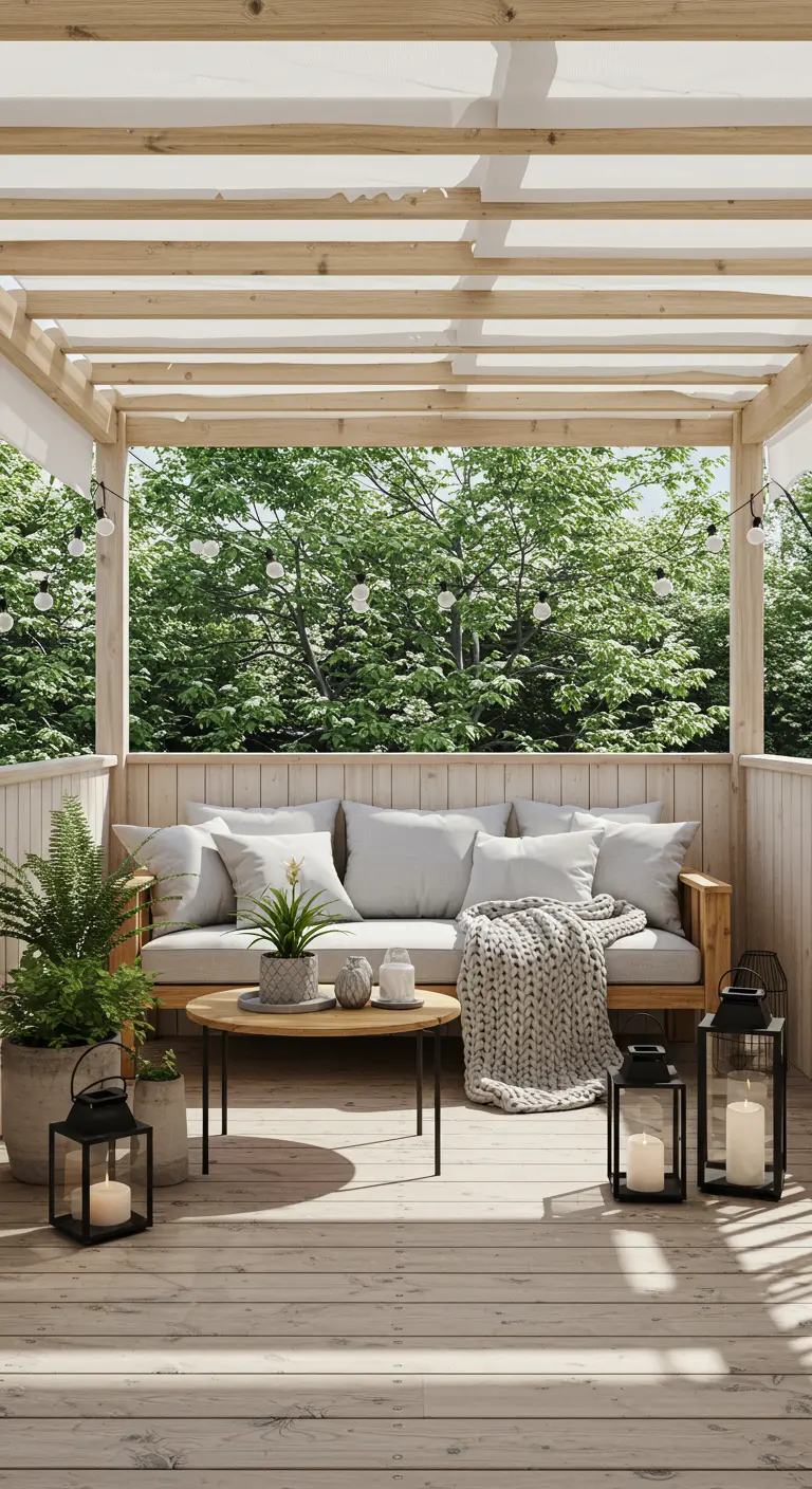 Porche nórdico con pérgola de madera clara, sofá gris y manta de punto grueso.