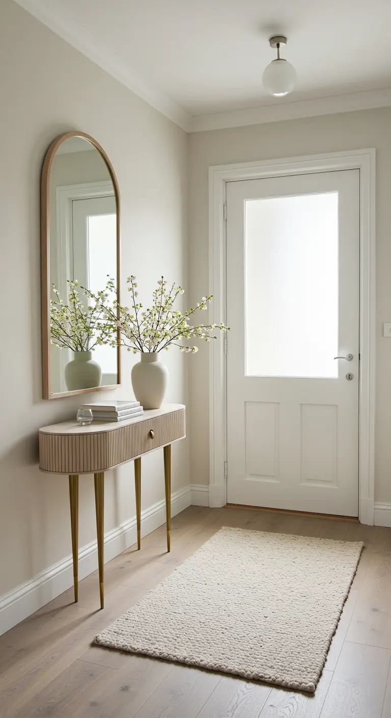Recibidor minimalista y luminoso con consola de patas doradas finas y espejo ovalado.