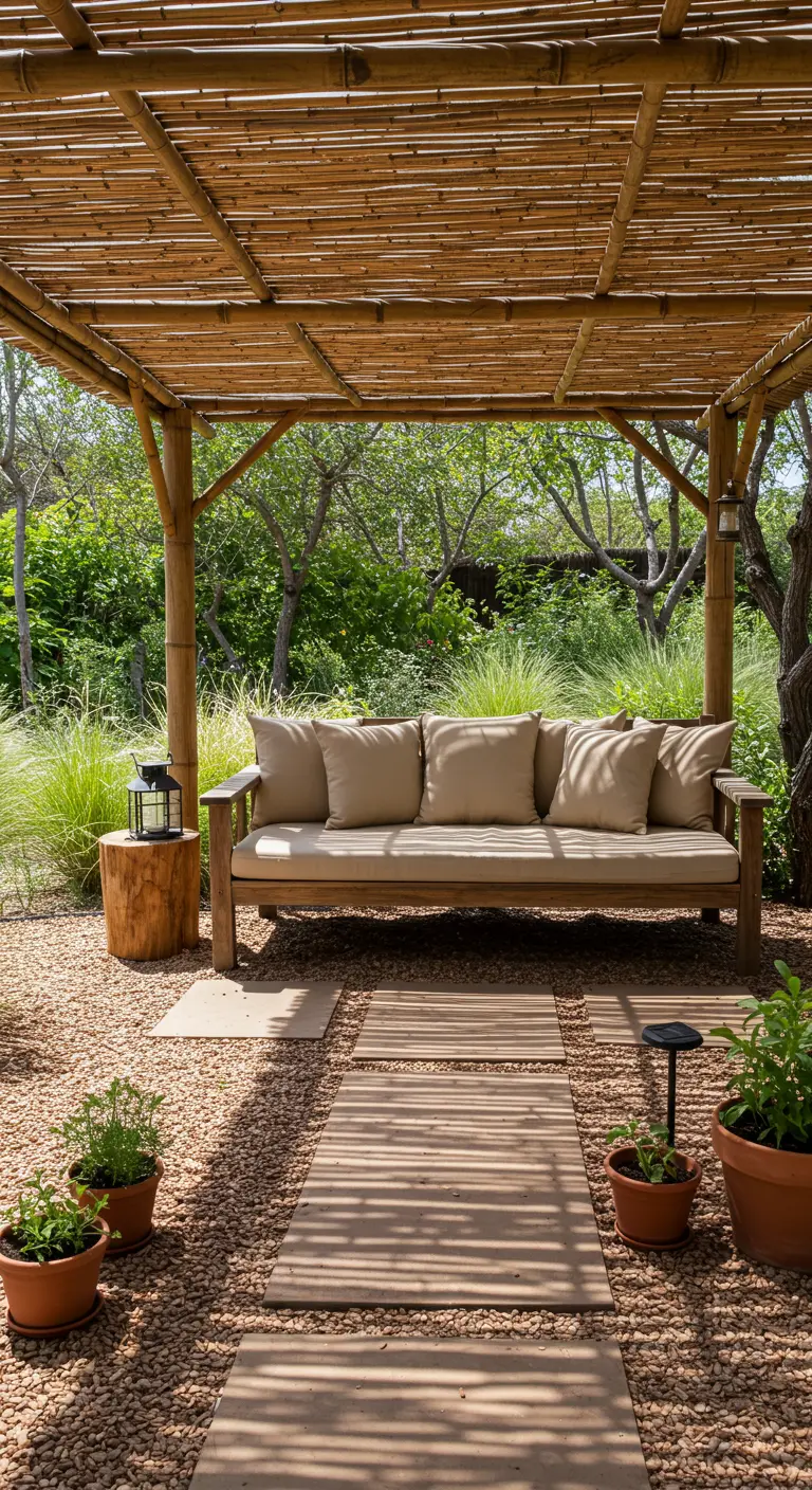 Rincón de jardín rústico con pérgola de bambú y suelo de grava.